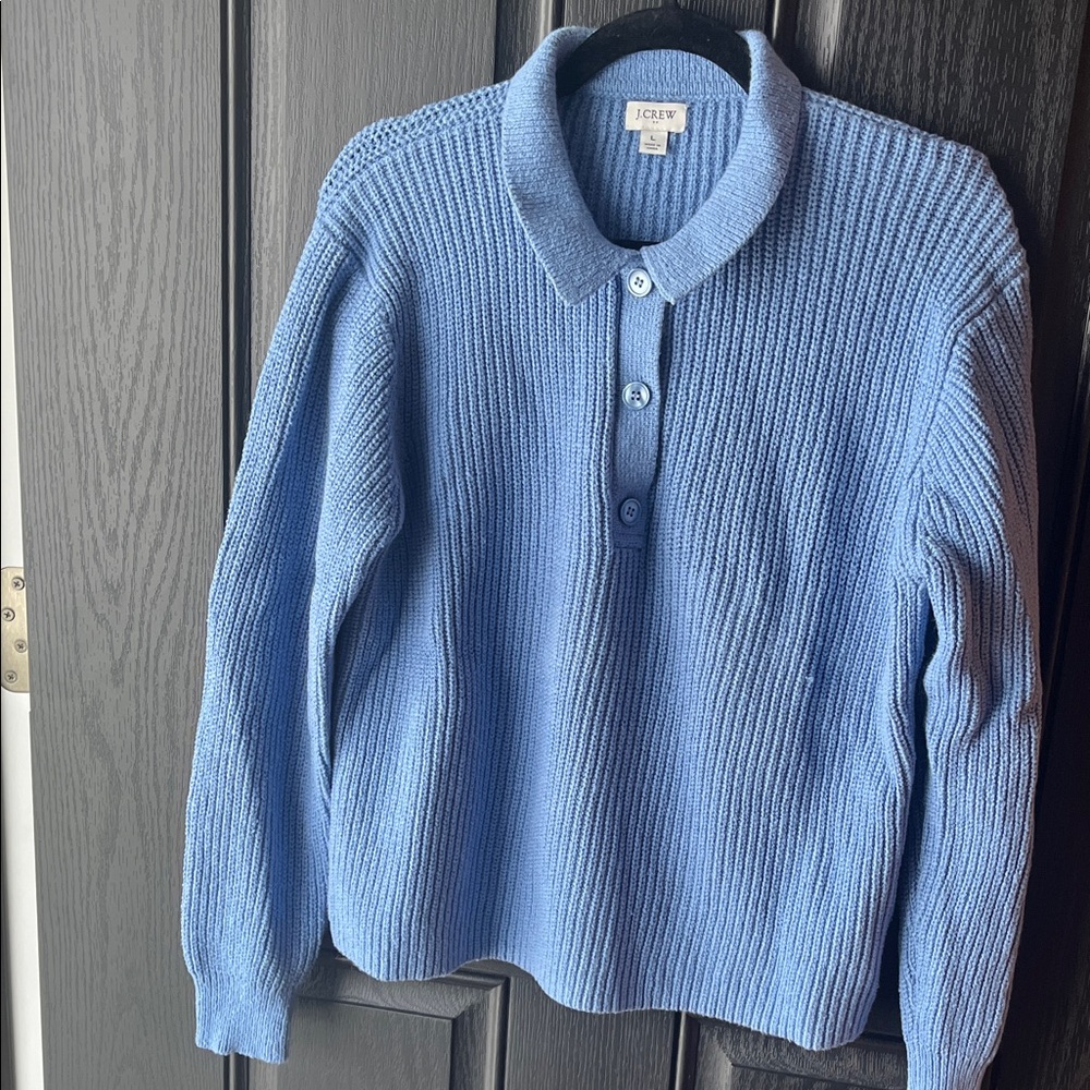J. Crew Ribbed Knit Blue women’s Sweater with collar and three buttons